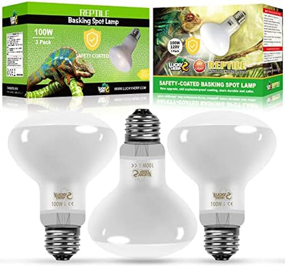 LUCKY HERP New Upgrade 3 Pack 100W Reptile Heat Lamp Bulb (3nd Gen, Safer), Amphibian UVA Heat Light Bulb, Reptile Basking Daylight Spot Lamp Bulb for Bearded Dragon, Lizard, Tortoise Heating Use