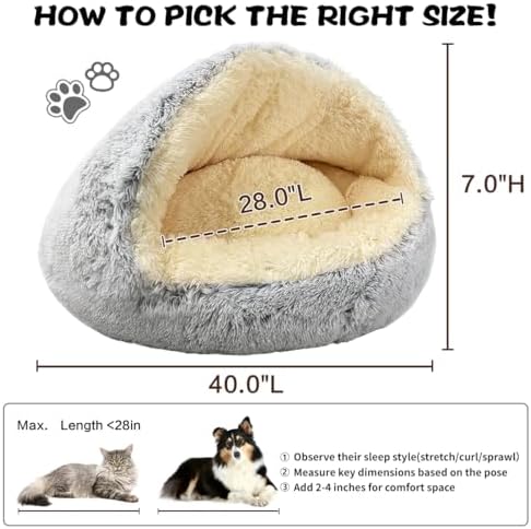 ShinHye Round Plush Fluffy Hooded Cat Bed Cave, Cozy for Indoor Cats or Small Dogs, Waterproof Bottom, Washable（40 in）
