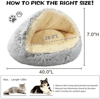 ShinHye Round Plush Fluffy Hooded Cat Bed Cave, Cozy for Indoor Cats or Small Dogs, Waterproof Bottom, Washable（40 in）