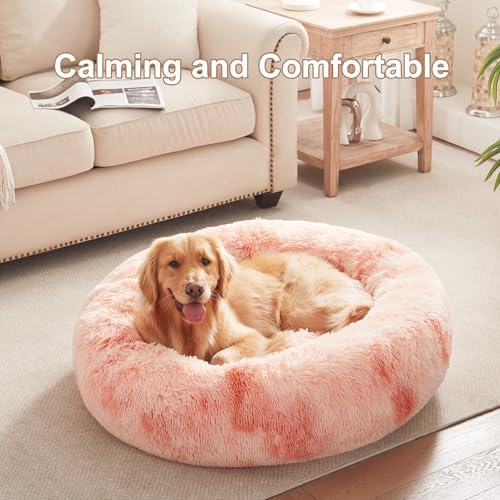 36 in Faux Fur Fluffy Donut Dog Bed for Large Dogs,Tie-dye Pink