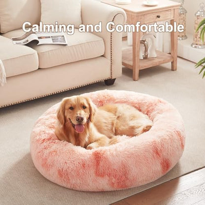 36 in Faux Fur Fluffy Donut Dog Bed for Large Dogs,Tie-dye Pink