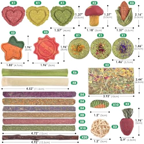 ERKOON 106PCS Bunny Chew Toys for Rabbits Teeth, Natural Rabbit Toys Apple Wood Sticks, Carrot, Timothy Grass Treats for Small Pets, Hamster, Chinchilla, Guinea Pig Dental Care and Treat Teething Toys