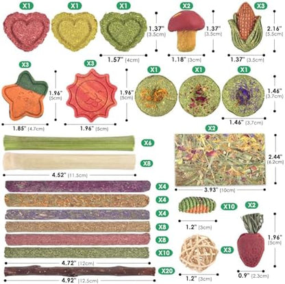 ERKOON 106PCS Bunny Chew Toys for Rabbits Teeth, Natural Rabbit Toys Apple Wood Sticks, Carrot, Timothy Grass Treats for Small Pets, Hamster, Chinchilla, Guinea Pig Dental Care and Treat Teething Toys