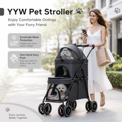 YYW Double Pet Stroller Foldable 2 Carriages Lockable Wheels Black