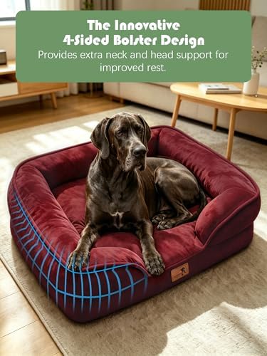 Spotted Play Orthopedic Dog Bed with Sides - Sofa Beds for Extra Large Dogs, Supportive Foam Pet Couch Bed with Washable Removable Cover, Waterproof Lining and Non-Slip Bottom, Burgundy - XXL