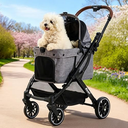All-Terrain Dog Stroller for Small to Medium Dogs, Pet Stroller for Dogs & Cats Outdoor Walks, One-Hand Easy Fold, Double-Layer Anti-UV & Waterproof Canopy & Breathable Mesh, Charcoal Gray