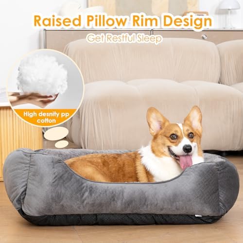 Dog Bed Medium, Super Soft Rectangle Dog Beds, Washable Warming Pet Bed with Anti-Slip Bottom, Anti-Anxiety, Grey, 25 x 21 x 8inch