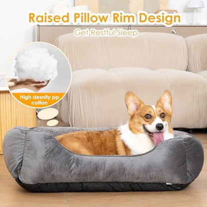 Dog Bed for Medium Large Dogs Washable, Super Soft Rectangle Dog Beds Medium Large Size, Warming Durable Pet Bed with Anti-Slip Bottom, Anti-Anxiety, Grey, 30 x 24 x 9inch