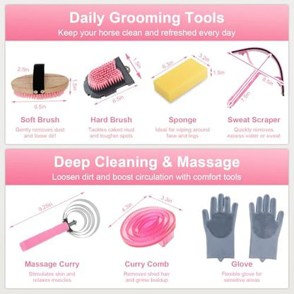 Horse Grooming Kit 13 Pack, Horse Brushes for Grooming Supplies Set with Tote Bag, Horse Tack Supplies with Gloves & Brush for Equine Care and Bathing (Pink)