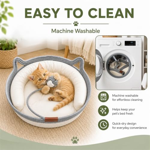 Instinct Cat Basket Bed, Handwoven Cotton Rope Cat Bed with Toy Ball and Cat Ear Handles, Breathable Scratch-Friendly Round Woven Basket for Indoor Cats and Kittens Grey