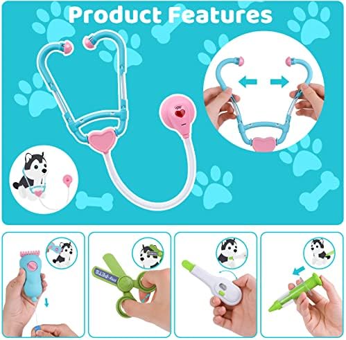 Magic4U Pet Care Carrier Suitcase Toy, 29 Pcs Veterinarian Playset for Kids