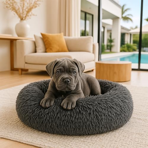 Calming Dog Bed - Fluffy Donut Cuddler for Anxiety Relief, Orthopedic Pet Bed with Non-Slip Bottom, Cozy Round Faux Fur Nest for Dogs and Cats, Plush Crate Mat for Comfort (Dark Grey, X-Large)