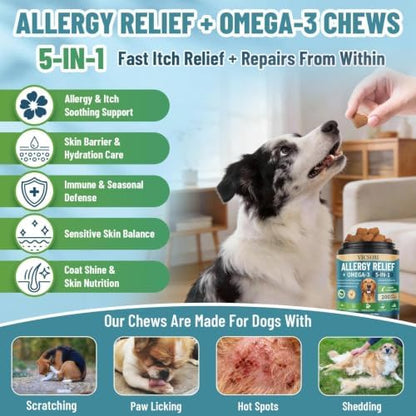 Dog Allergy Chews with Human-Grade Omega 3, Itch Relief Multivitamin 200ct