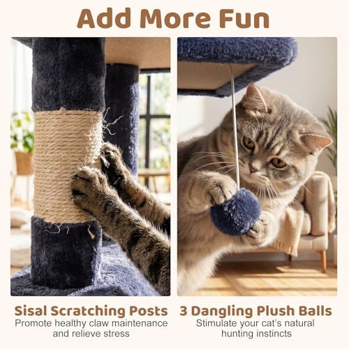 DORTALA Cat Tree for Indoor Cats, 66" Tall Cat Tower with 2 Condos, Sisal Scratching Posts, Plush Perch, Hammock, Dangling Balls, Multi-Level Pet Climbing Furniture Activity Center (Dark Gray)