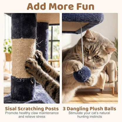 DORTALA Cat Tree for Indoor Cats, 66" Tall Cat Tower with 2 Condos, Sisal Scratching Posts, Plush Perch, Hammock, Dangling Balls, Multi-Level Pet Climbing Furniture Activity Center (Dark Gray)