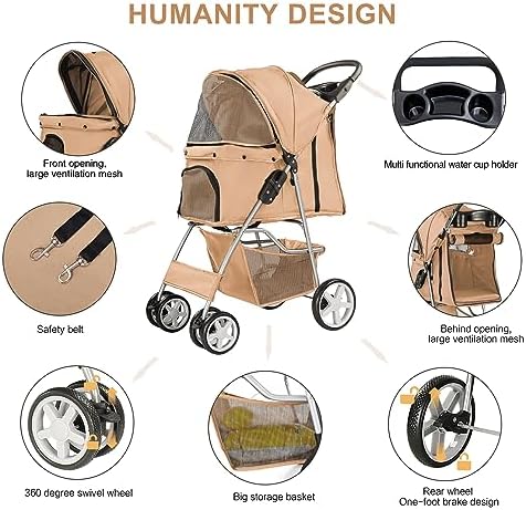 4-Wheel Pet Stroller for Small Dogs and Cats, Up to 33 lb, Beige