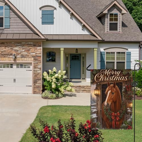 Merry Christmas House Flag 28x40 Inch Chestnut Horse Pine Wreath Red Bow Snowy Stable Lantern Rustic Winter Outdoor Yard Lawn Front Porch Welcome Double Sided Banner Decor