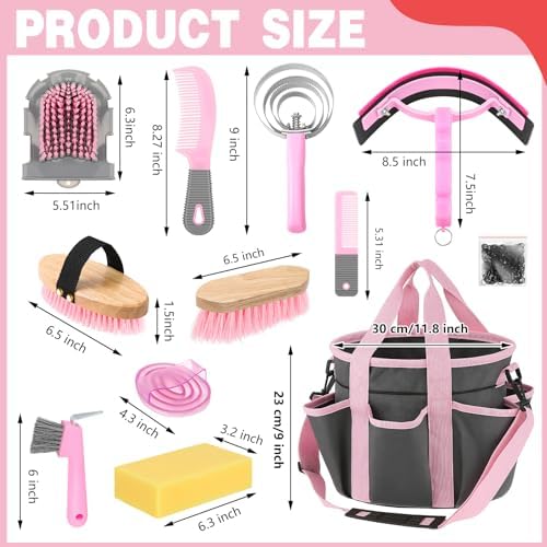 Abbylike 12 Piece Horse Grooming Kit with Organizer Tote Bag Brush Sets for Derby Day Show Horses Professional Tools for Care & Massage(Grey and Pink)