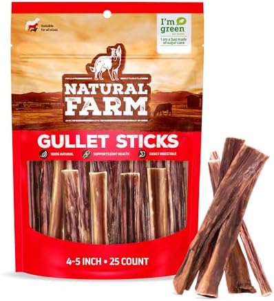 Natural Farm Gullet Sticks (4-5 Inch, 25 Pack), Grain-Free, Preservative-Free & Fully Digestible Beef Esophagus – Gentle Yet Effective Fun - Best for Light, Pups & Senior Chewers