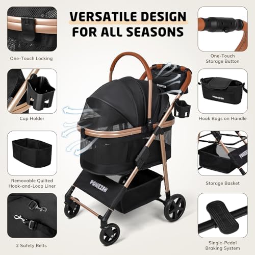 Pet Stroller for Small/Medium Dogs Cats, 50 lbs, 3-in-1 Foldable Stroller