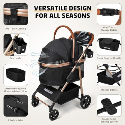 Pet Stroller for Small/Medium Dogs Cats, 50 lbs, 3-in-1 Foldable Stroller