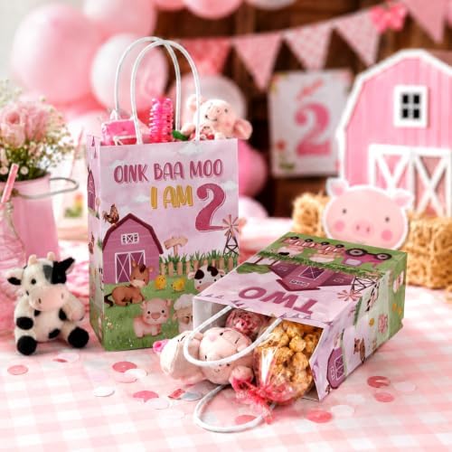 Greencian 16Pcs Farm 2nd Birthday Party Favor Bags Pink Goodie Bags