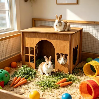 Large Sturdy Wooden Rabbit Castle Hideout with Spacious Balcony, Detachable Bunny Playhouse Hideaway Cage Accessories, Indoor Habitat Toys for Guinea Pig Chinchilla Hamster Gerbil Small Animals