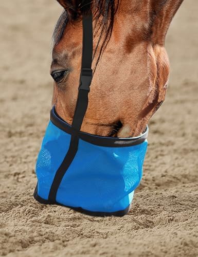 Harrison Howard Horse Muzzle Feed Bag Nylon Mesh Grain Feed Bag with Padded Neck Strap Adjustable Belt Blue Small
