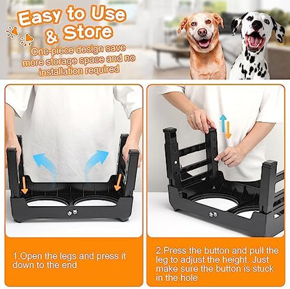 COMESOON Elevated Dog Bowls, 4 Height Adjustable Raised Bowl Stand with 2 Thick 50oz Stainless Steel Food Bowls Non-Slip Feeder Adjusts to 3.7'', 9.2'', 10.75'', 12.36'' Black, (DB-W01)