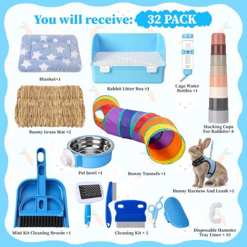 34 Pcs Rabbit Starter Kit Rabbit Litter Box Small Animal Water Bottle Cups Bunny Tunnels Animal Grooming Kit Bowl Blanket with Cleaning Set for Guinea Pig Bunny(Style 3,Light Blue)