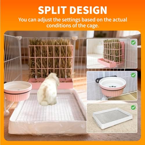 BESNEW 3 in 1 Rabbit Hay Feeder with Litter Box,Upgraded Metal Hay Rack & Litter Tray & Water Bowl,Quick Cleaning,Easy to Install,Bunny Supplies for Rabbit Guinea Pig Chinchilla Small Animals