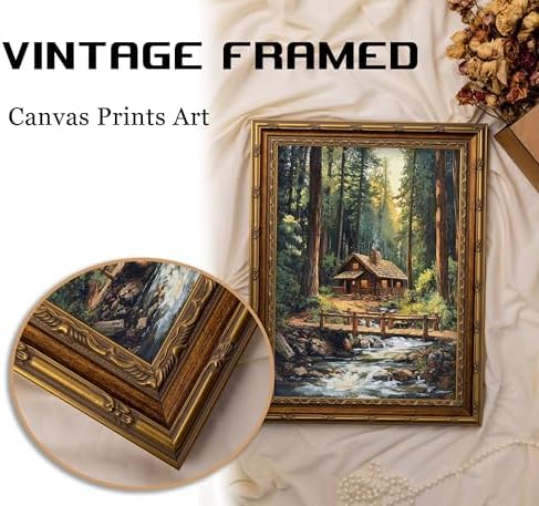 Vintage Gold Framed Forest Wall Art, Retro Mountain Woods Cottage Oli Painting Canvas Print, Antique Log Cabin Picture Wall Decor, Rustic Farmhouse Stream Poster Artwork for Bedroom Living Room