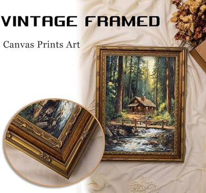 Vintage Gold Framed Forest Wall Art, Retro Mountain Woods Cottage Oli Painting Canvas Print, Antique Log Cabin Picture Wall Decor, Rustic Farmhouse Stream Poster Artwork for Bedroom Living Room
