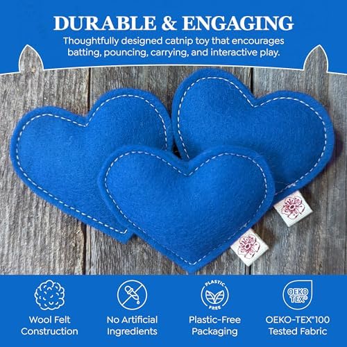 Catnip Toy – Heart Shape, Organic Catnip, 100% Wool Felt, Grown & Made in The USA - Blue, 4 Pack