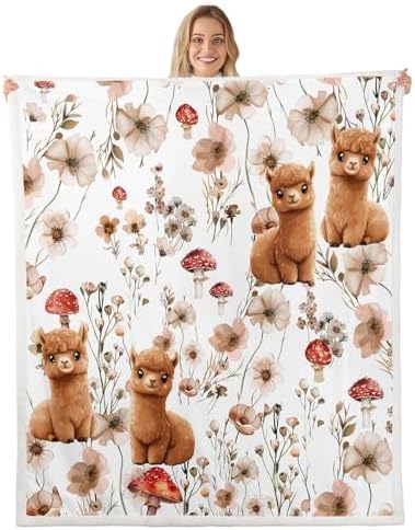 Erosebridal Kids Llama Alpaca Blanket Throw 50"x60",Kawaii Mushroom Blankets and Throws for Girls Boys,Wildlife Animal Print Fleece Blanket Farmhouse Floral Sherpa Blanket for Bed Couch Decor