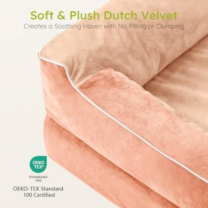 CWAWZ Dog Beds for Large Dogs, Orthopedic Dog Bed with Cooling Gel Memory Foam, Waterproof Large Pet Bed with Removable Washable Cover, 36" Pet Sofa Couch Dutch Velvet with Bone Toy, Peach Pink