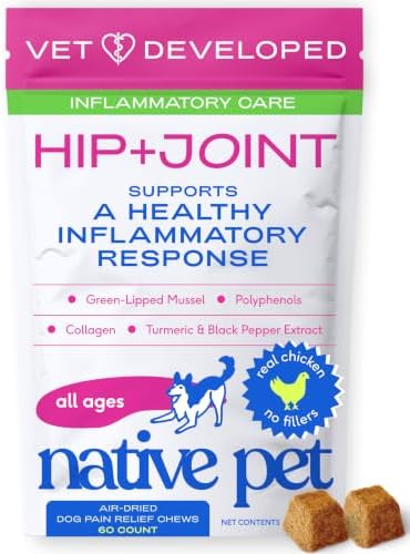 Native Pet Inflammatory Care - Pain Relief for Dogs - Green-Lipped Mussel, Turmeric & Collagen for Dogs - Hip and Joint Supplement Supports Healthy Inflammatory Response & Joint Comfort - 60 Chews