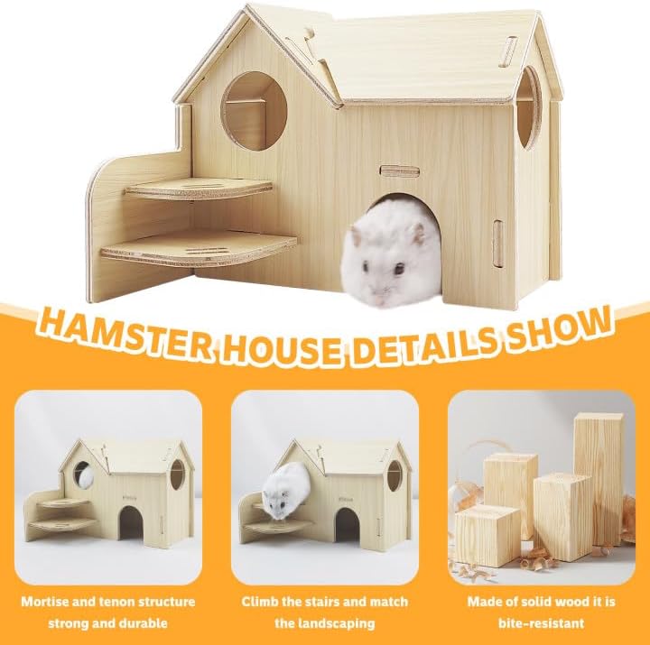 Hamster House,Tiny House with Slide House, Double-Decker Hut,Hamster Cage Accessories,Small Animal Habitat Decor for Hamster