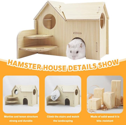 Hamster House,Tiny House with Slide House, Double-Decker Hut,Hamster Cage Accessories,Small Animal Habitat Decor for Hamster