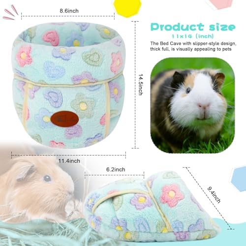YUEPET Guinea Pig Bed, Warm Fleece Cuddle Cave, Green Flower