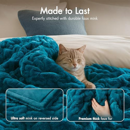 Madison Park Ruched Faux Fur Luxury Throw Teal 50*60 Premium Soft Cozy Brushed Long Faux Fur For Bed, Coach or Sofa