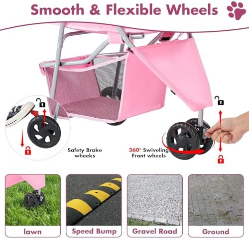 3 Wheels Pet Stroller,Storage Basket and Cup Holder, Breathable Mesh, Waterproof and Foldable for Small/Medium Dogs and Cats Strollers, Lightweight Travel Carrier for Daily Walks & Outdoor，Pink
