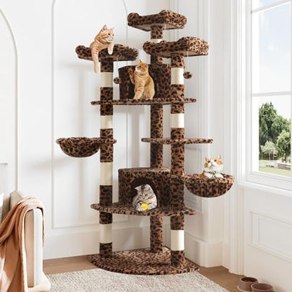 Allewie 73in Fan-Shaped Space-Saving Corner Cat Tower/Multi-Level Tall Cat Tree for Indoor Kitties/Cozy Baskets/Condos/House/Perches/Sisal Scratching Posts/Pet Activity Center/Leopard Print
