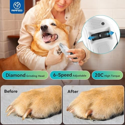 PAPIFEED Dog Nail Grinder, Pet Nail Grinder with 6 Speeds Quiet Motor, LED Light and Dust Collection, Rechargeable Dog Nail Trimmer for Small Medium Large Dogs Cats, Type-C Grooming Kit
