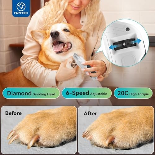 PAPIFEED Dog Nail Grinder, Pet Nail Grinder with 6 Speeds Quiet Motor, LED Light and Dust Collection, Rechargeable Dog Nail Trimmer for Small Medium Large Dogs Cats, Type-C Grooming Kit