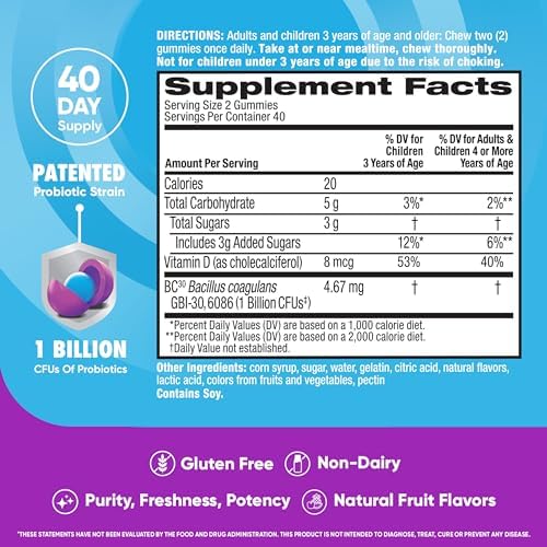 Digestive Advantage Probiotics For Digestive Health, Probiotic Gummies & Vit D, Daily Probiotics For Women &Men Occasional Bloating, Minor Abdominal Discomfort & Gut Health, 80ct Natural Fruit Flavors