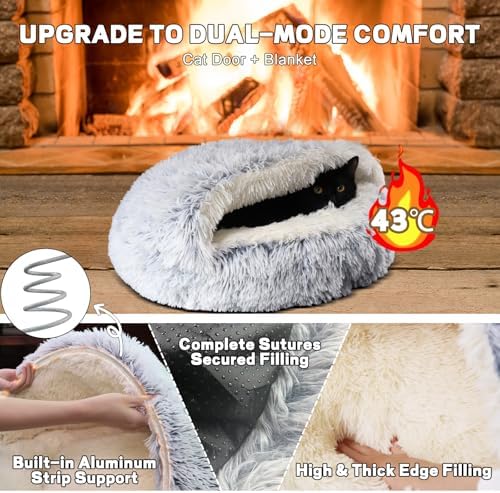 YUDANSI Calming Cat Beds for Indoor Cats - Plush Fluffy Hooded Cave Nest, Anti-Slip Self-Warming Pet Beds, Washable Built-in No-Collapsing Support (Grey-50cm/20in)