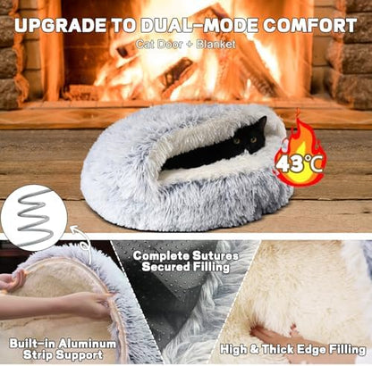YUDANSI Calming Cat Beds for Indoor Cats - Plush Fluffy Hooded Cave Nest, Anti-Slip Self-Warming Pet Beds, Washable Built-in No-Collapsing Support (Grey-50cm/20in)