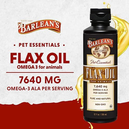 Barlean's Flaxseed Oil for Animals, Pet Essential Liquid Omega 3 Fatty Acids Cat and Dog Oil Supplements for Skin and Coat, Omega 3 for Dogs, Cats and Other Pets, 12 oz
