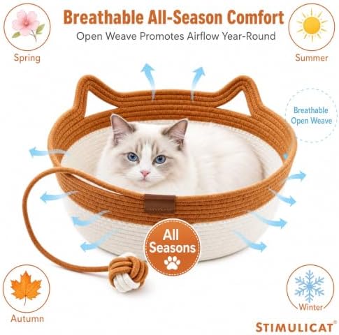 Handwoven Cat Basket Bed, Natural Cotton Rope Cat Bed with Hanging Ball Toy, Breathable Woven Cat Nest,Scratchable Basket for Sleeping, Playing and Relaxing (Large(15-31lbs |19" Wide))